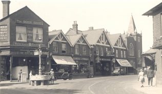 Basingstoke PM Chapel, to the right of the picture, shown in the context of the surrounding shops. | Supplied by David Young with acknowledgement to Basingstoke History Facebook Group