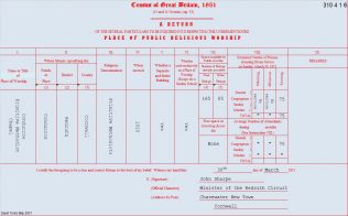 310 4 1 6 : return from the Primitive Methodist chapel to the 1851 Census of Places of Public Religious worship.  Return no:    Condurrow | transcribed by David Tonks 2021