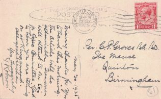 Postcard rear.    Message and address.  The postmark is 1925. | Jim Stafford