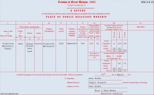 Over: Return from the Primitive Methodist chapel in the 1851 Census of Places of Public Religious Worship | transcribed by David Tonks