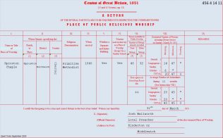 Sproston: Return from the Primitive Methodist chapel in the 1851 Census of Places of Public Religious Worship | transcribed by David Tonks