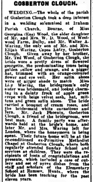 Marriage report for Walter Waring and Georgina Wood. They were to make their home in the re-conditioned chapel.