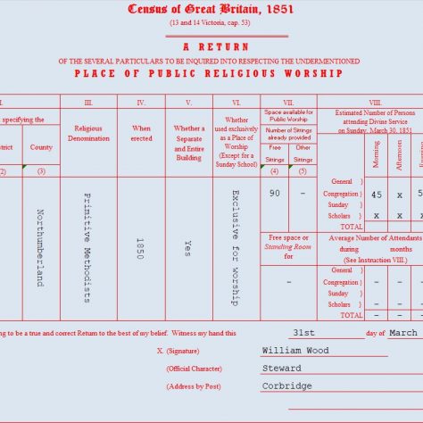 555 2 3 36 Corbridge Return from Corbridge Primitive Methodist preaching place in the 1851 Census of Places of Public Religious Worship | transcribed by David Tonks