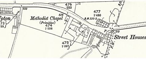 Street Houses os Street Houses Primitive Methodist chapel on the 1893 Ordnance Survey map | Reproduced with the permission of the National Library of Scotland