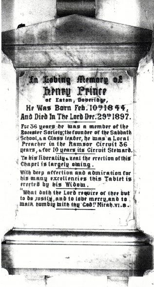 Henry Prince memorial at Rocester Chapel Henry Prince memorial at Rocester Chapel