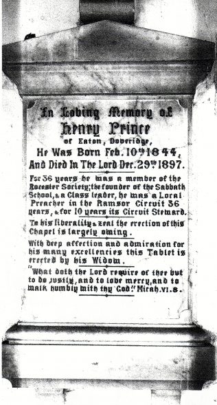 Henry Prince memorial at Rocester Chapel