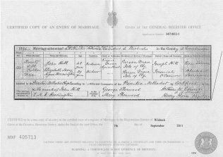 Marriage Cert for John Hill and Elizabeth Harrington