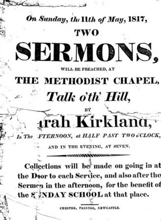 Handbill for Sarah Kirkland preaching at Talk o'th' Hill Primitive Methodist Chapel, 1817 | Englesea Brook Museum