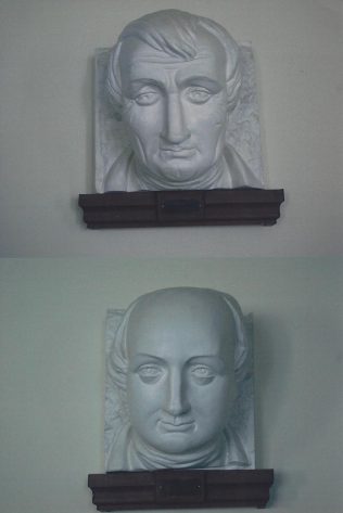 Copies of the heads of Bourne and Clowes which were made from those on the dripstones of the old Primitive Chapel. These are now mounted in the Crush Hall of the present Methodist Church. Copies of the heads of Bourne and Clowes which were made from those on the dripstones of the old Primitive Chapel. These are now mounted in the Crush Hall of the present Methodist Church. | Iain Parsons