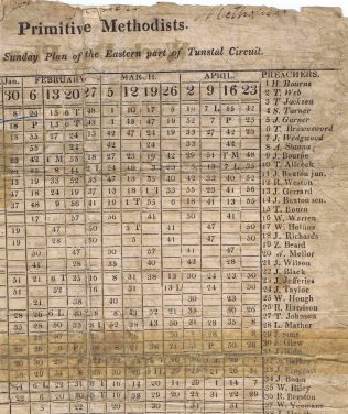 Section of Preaching Plan for Jan-Apr 1820, showing Thomas Brownsword as No. 6, replacing Thomas Woodnorth who was No. 6 on the previous Plan